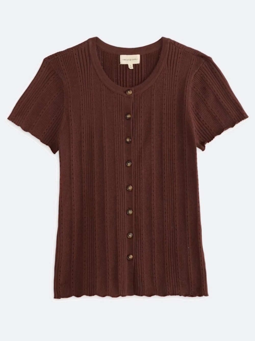 NWT THREAD & SUPPLY Brown Button Front Crew Neck Short Sleeve Knit Top